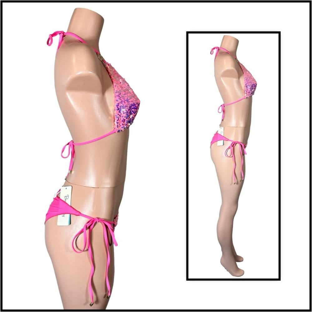 Beach Bunny Pink Icon DD Triangle Top & L Icon Tie Side Skimpy Bottom $250 - Picture 9 of 14